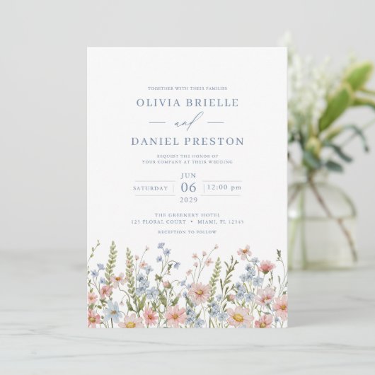 Invitation QR Code Dusty Blue Blush Fleur sauvage Mariage ros (Debout devant)