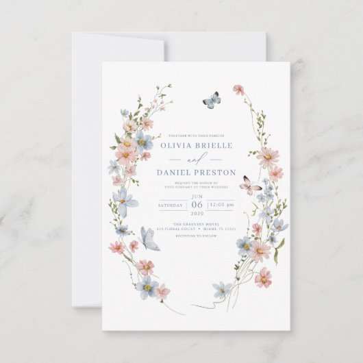 Invitation QR Code Dusty Blue Blush Fleur sauvage Mariage ros (Devant)