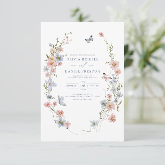 Invitation QR Code Dusty Blue Blush Fleur sauvage Mariage ros (Debout devant)