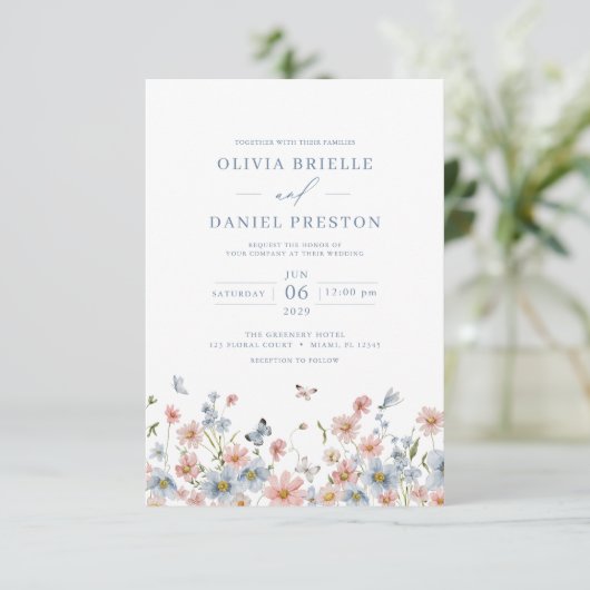 Invitation QR Code Dusty Blue Blush Fleur sauvage Mariage ros (Debout devant)