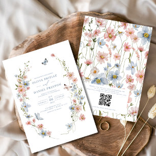 Invitation QR Code Dusty Blue Blush Fleur sauvage Mariage ros