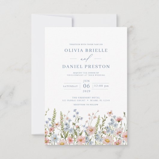 Invitation QR Code Dusty Blue Blush Fleur sauvage Mariage ros (Devant)