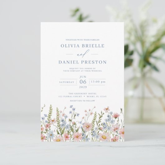 Invitation QR Code Dusty Blue Blush Fleur sauvage Mariage ros (Debout devant)