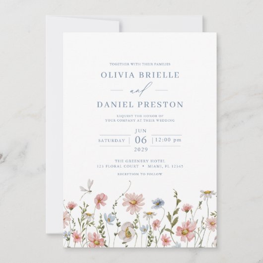 Invitation QR Code Dusty Blue Blush Fleur sauvage Mariage ros (Devant)