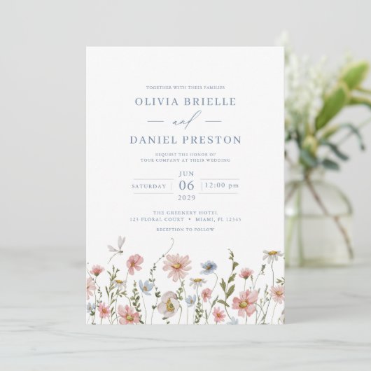Invitation QR Code Dusty Blue Blush Fleur sauvage Mariage ros (Debout devant)