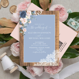 Invitation QR Code Dusty Blue Blush Rustic Wood Lace Mariage