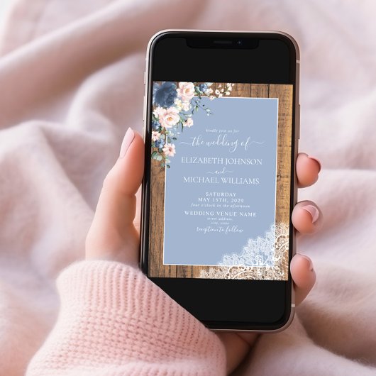 Invitation QR Code Dusty Blue Blush Rustic Wood Lace Mariage