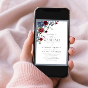 Invitation QR Code Dusty Blue Bourgogne aquarelle Floral