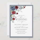 Invitation QR Code Dusty Blue Bourgogne aquarelle Floral (Devant)