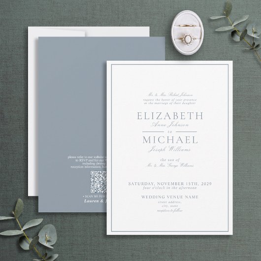 Invitation QR Code Dusty Blue Classic Mariage de script