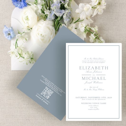 Invitation QR Code Dusty Blue Classic Mariage de script