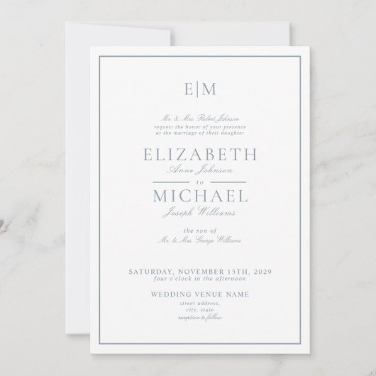 Invitation QR Code Dusty Blue Classic Script Monogramme Maria (Devant)