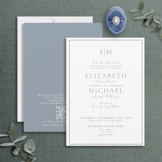 Invitation QR Code Dusty Blue Classic Script Monogramme Maria