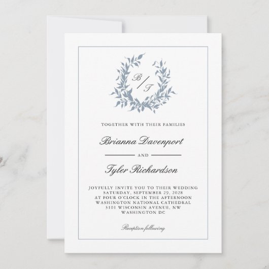 Invitation QR Code Dusty Blue Crest Monogram Mariage (Devant)