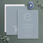 Invitation QR Code Dusty Blue Leafy Crest Monogram Mariage