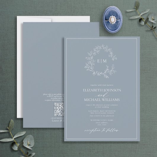 Invitation QR Code Dusty Blue Leafy Crest Monogram Mariage
