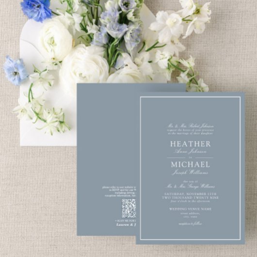 Invitation QR Code Dusty Blue Leafy Crest Monogram Mariage
