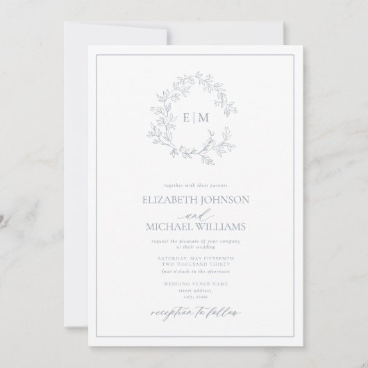 Invitation QR Code Dusty Blue Leafy Crest Monogram Mariage (Devant)