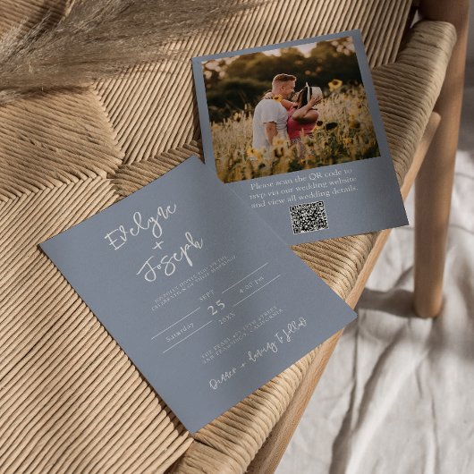 Invitation QR Code Dusty Blue Photo Boho Mariage moderne