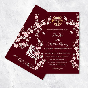Invitation QR Code Dusty rose cerisier Mariage chinois