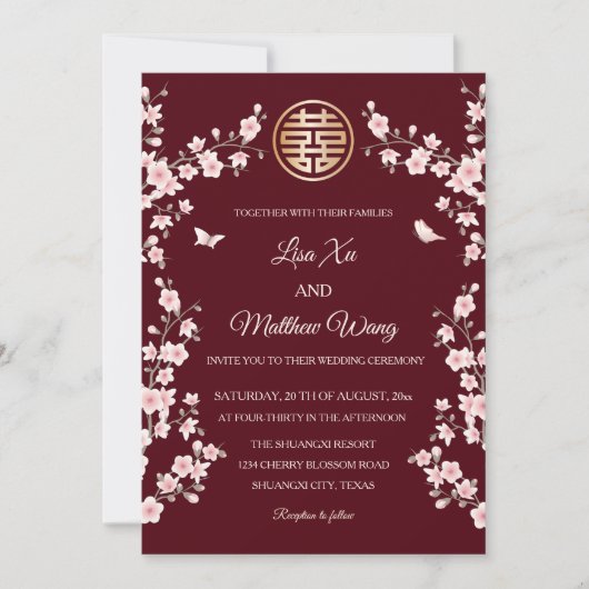 Invitation QR Code Dusty rose cerisier Mariage chinois (Devant)