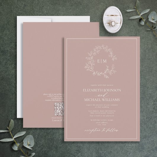 Invitation QR Code Dusty Rose Leafy Crest Monogram Mariage