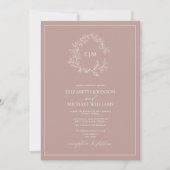 Invitation QR Code Dusty Rose Leafy Crest Monogram Mariage (Devant)