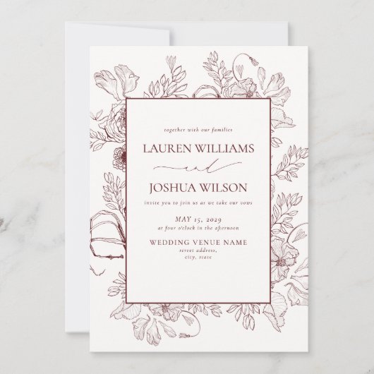 Invitation QR Code Elégant Bourgogne Floral Line Mariage (Devant)