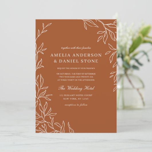 Invitation QR Code Elegant Burnt Orange Minimal Mariage feuil (Debout devant)