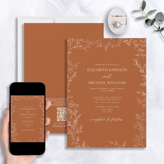 Invitation QR Code Elegant Burnt Orange Minimal Mariage feuil