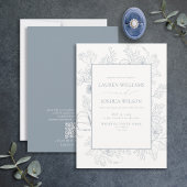 Invitation QR Code Elegant Dusty Blue Floral Line Mariage Art