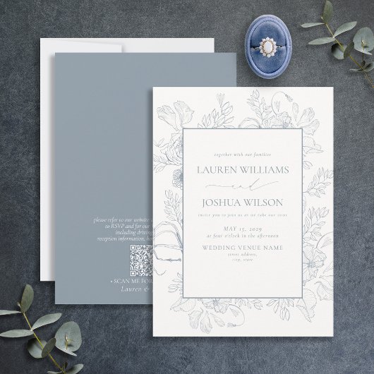 Invitation QR Code Elegant Dusty Blue Floral Line Mariage Art