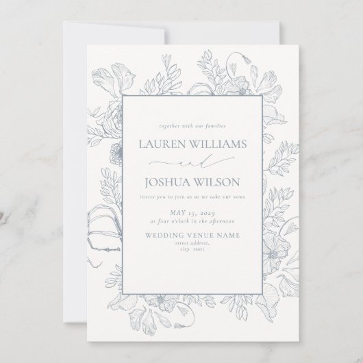 Invitation QR Code Elegant Dusty Blue Floral Line Mariage Art (Devant)
