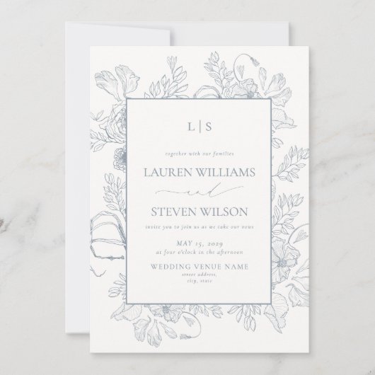 Invitation QR Code élégant Monogramme Dusty Blue Floral Line (Devant)