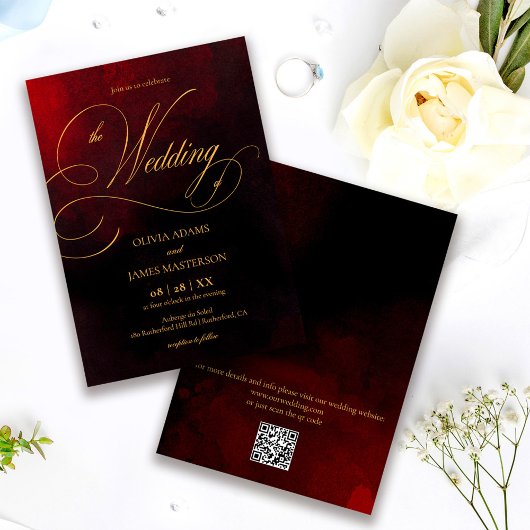 Invitation QR Code Elegant Red Black Gold Calligraphy Wedding