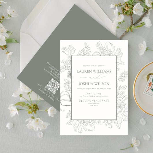 Invitation QR Code élégant Sage Green Floral Line Art Mariage