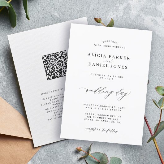 Invitation QR CODE élégant simple mariage noir et blanc