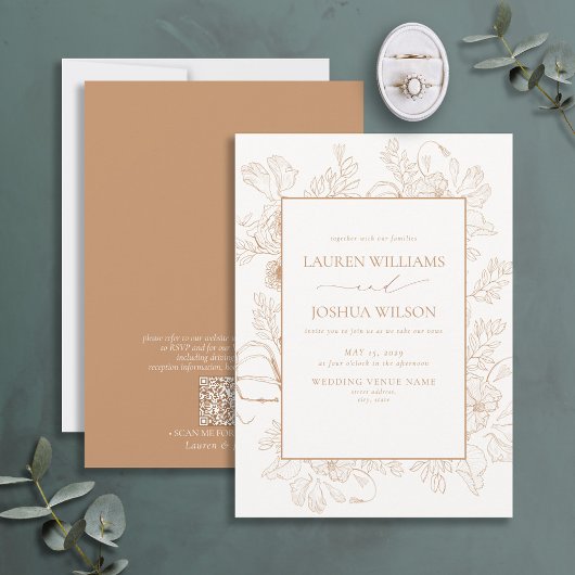 Invitation QR Code Élégant Terracotta Floral Line Art Mariage
