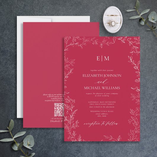Invitation QR Code Élégant Vivid Magenta Monogram Mariage