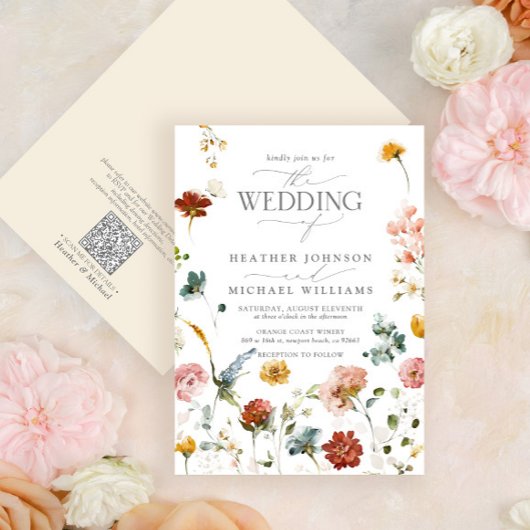 Invitation QR Code Élégante Fleurs de Jardin Mariage Floral