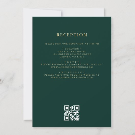 Invitation QR Code Emerald Green Gold Minimal Mariage (Dos)