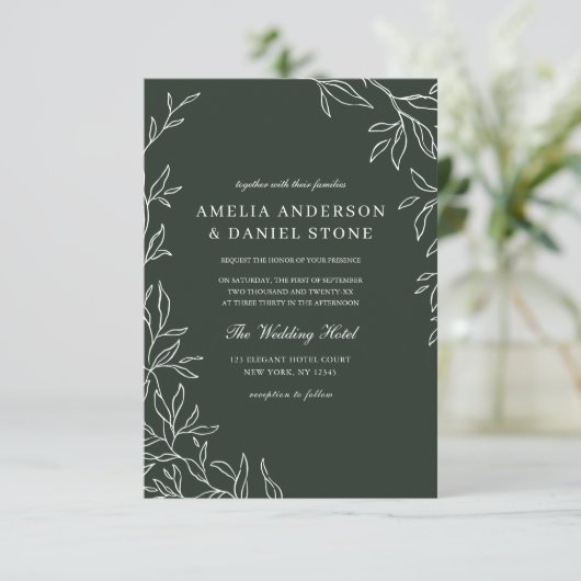 Invitation QR Code Emerald Green Minimal Mariage feuille (Debout devant)