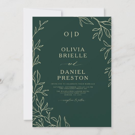 Invitation QR Code Emerald Green Monogram Mariage feuille (Devant)
