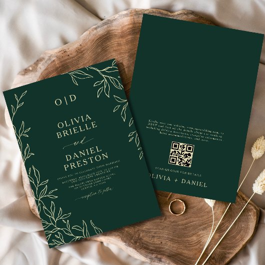 Invitation QR Code Emerald Green Monogram Mariage feuille
