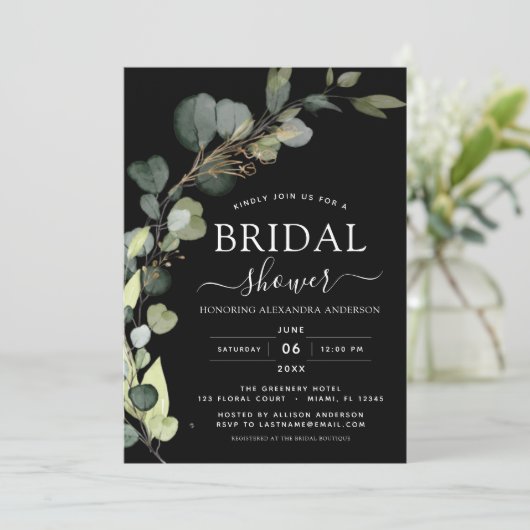 Invitation QR Code Eucalyptus Black Fête des mariées moderne (Debout devant)