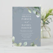 Invitation QR Code Eucalyptus Dusty Mariage photo bleu (Debout devant)