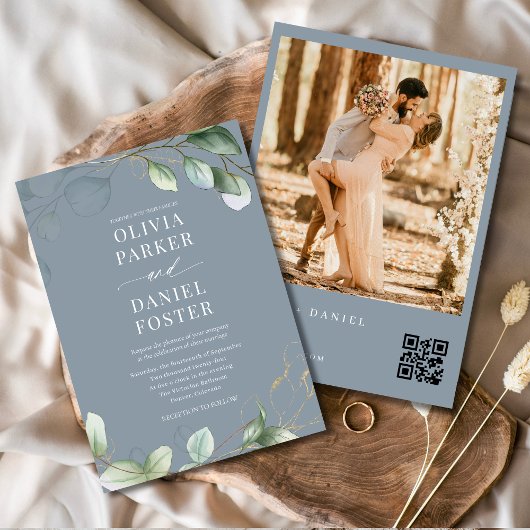 Invitation QR Code Eucalyptus Dusty Mariage photo bleu