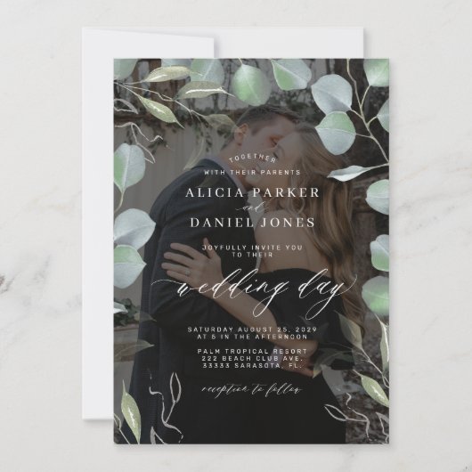 Invitation QR CODE eucalyptus photo overlay mariage noir (Devant)