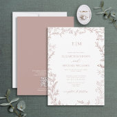 Invitation QR Code feuille Dusty Rose Élégant Mariage Monogra