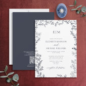 Invitation QR Code Feuille Marine Bleu Élégant Monogramme Mar